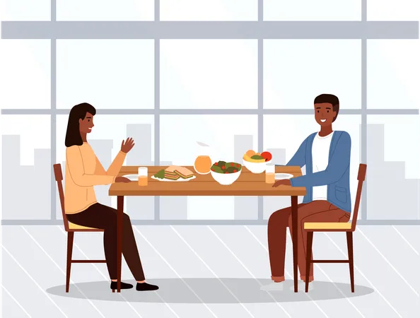 African couple eating food in restaurant  Illustration