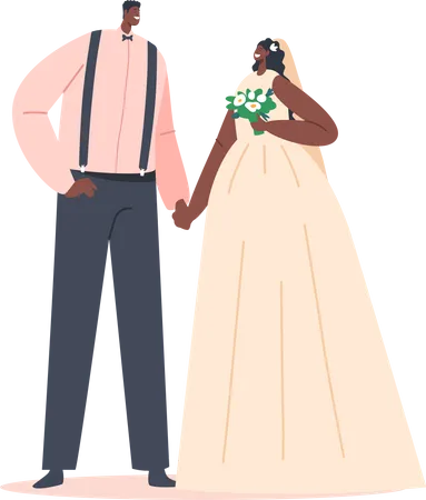 African Couple Wedding Ceremony Black Groom In Suit And Bride In White Dress With Bouquet Newlywed Man And Woman Characters Hold Hands During Marriage Celebration Cartoon People Vector Illustration Illustration