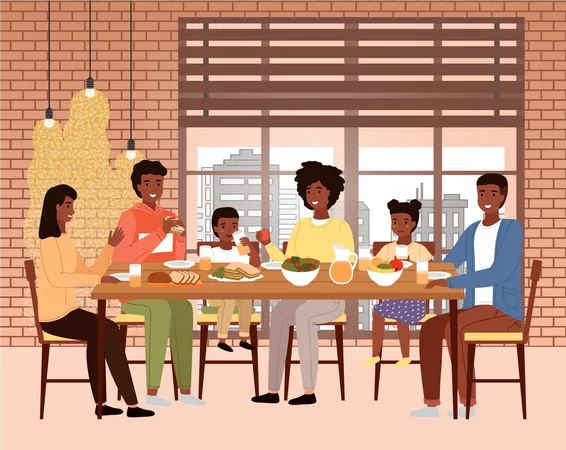 The Family Dines With Healthy Food In The Restaurant Relatives Eat Natural Fresh Products Afro American People Having Dinner In The Loft Style Cafe Table With Fruit Salad And Sandwiches Illustration
