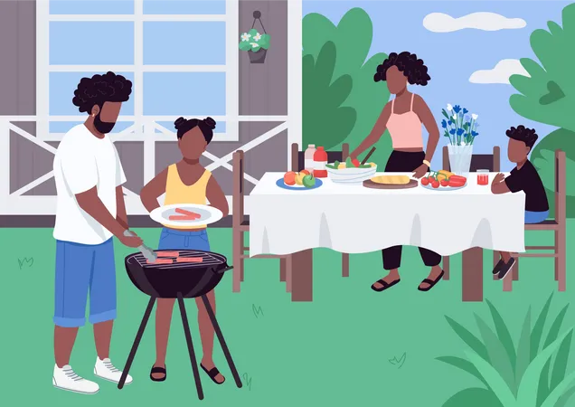 African family enjoying barbecue party in the park  Illustration