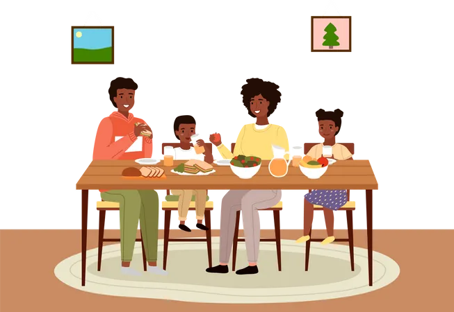 Afro American People Having Dinner In Dining Room Afroamerican Family Dines With Healthy Food Relatives Eat Natural Fresh Products Vector Illustration Table With Fruit Salad And Sandwiches Illustration