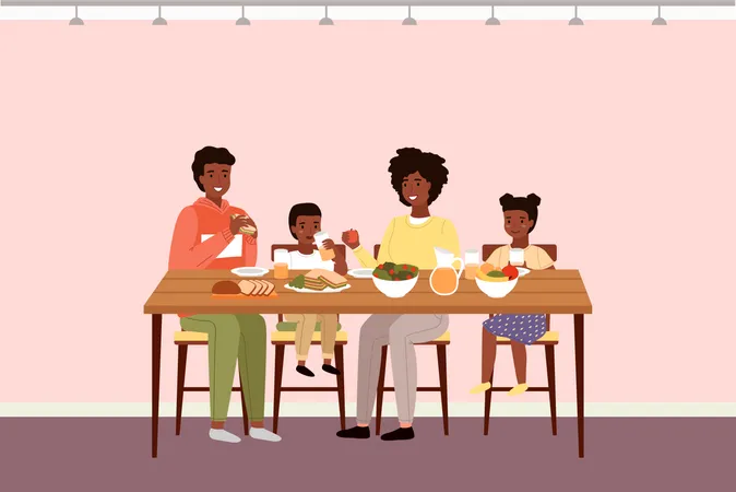 Family Dine Afro American People Having Dinner In Dining Room Afroamerican Family Dines With Healthy Food Relatives Eat Natural Fresh Products Vector Illustration Table With Fruit Salad And Sandwiches Illustration