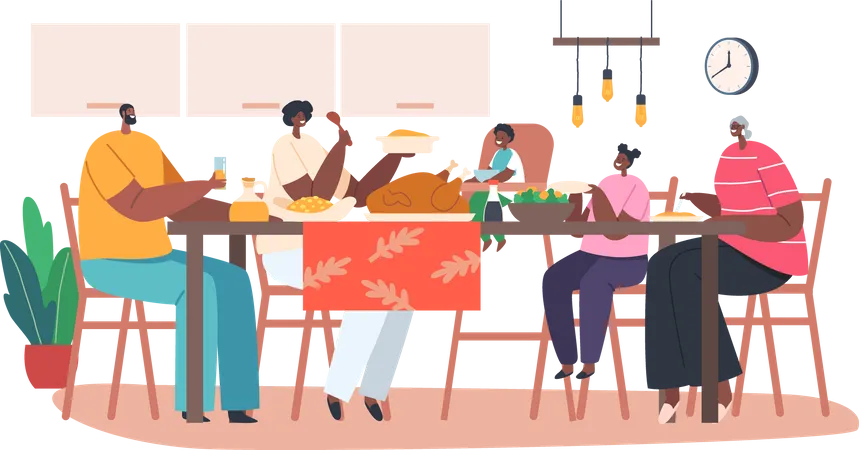 African Family Having Dinner Together  Illustration