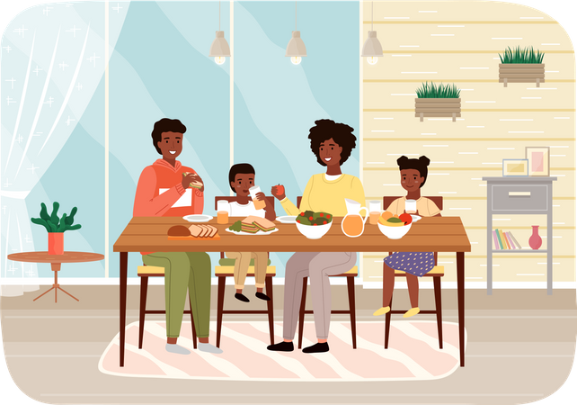 African family members eating natural fresh food at home  Illustration