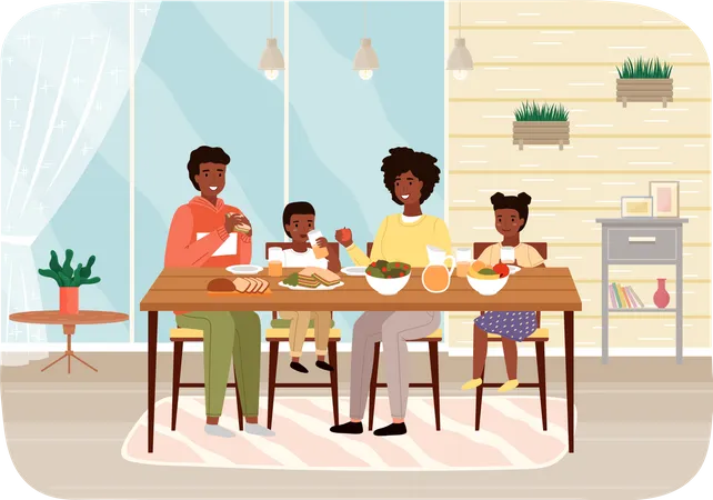 Family Members Eating Natural Fresh Food Afro American People Are Having Dinner In Kitchen Room At Home Table With Fruit Salad And Sandwiches Relatives Communicating And Spending Time Together Illustration