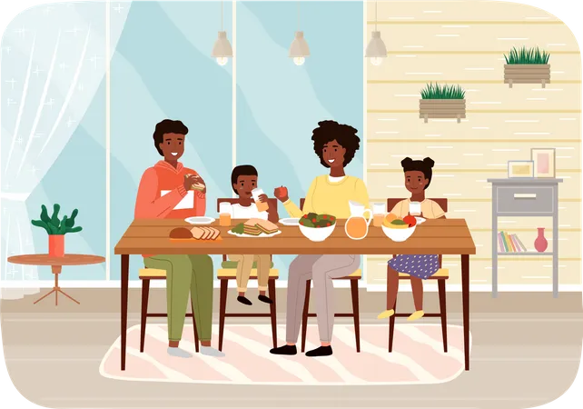 African family members eating natural fresh food at home  Illustration