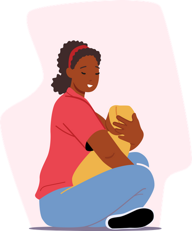African Female Feed Baby with Breast Sitting on Floor Illustration