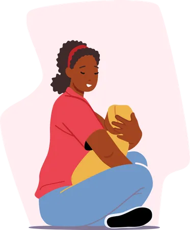 African Female Feed Baby with Breast Sitting on Floor Illustration