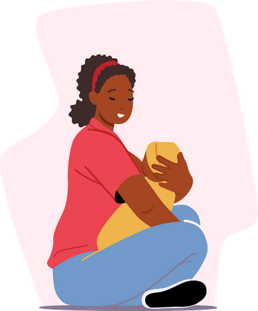 African Female Feed Baby with Breast Sitting on Floor  Illustration