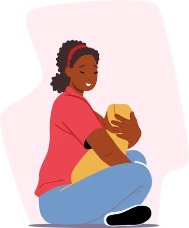 African Female Feed Baby with Breast Sitting on Floor  Illustration