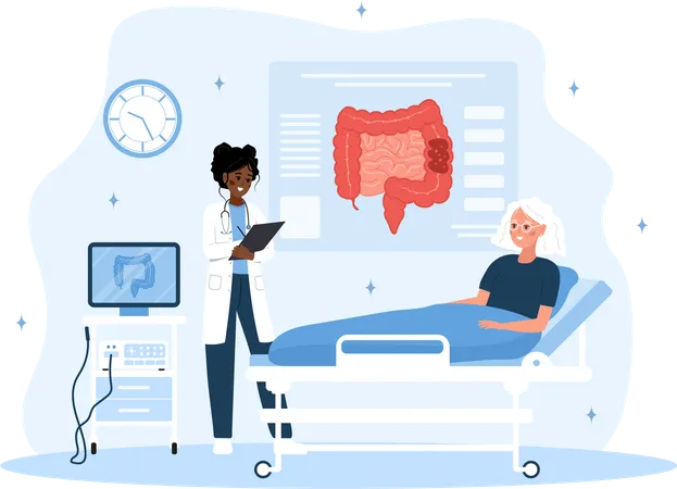 Colonoscopy Concept African Female Proctologist Examine Intestine Elderly Woman Is Being Examined In Hospital Vector Illustration In Flat Cartoon Style Colon Health Prevention Of Cancer イラスト