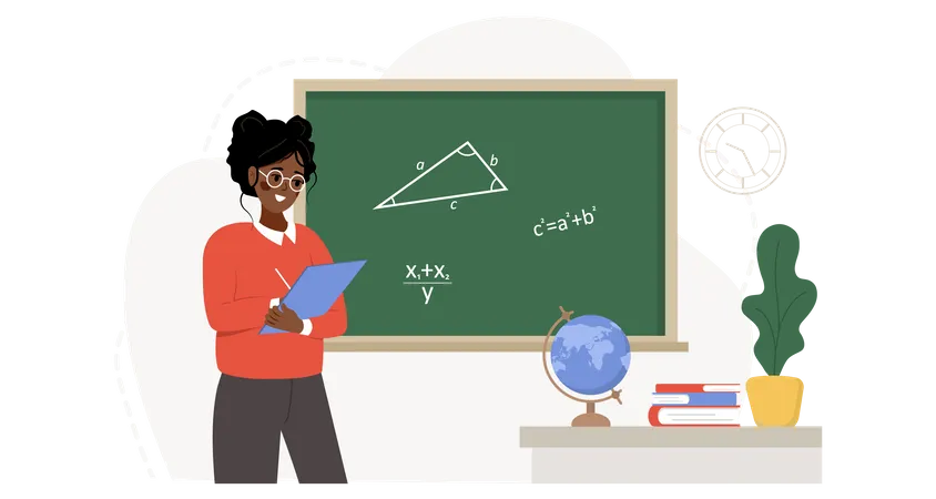 African Female Teacher In Classroom Pedagogue At Lecture At Chalkboard School And College Concept Vector Illustration In Flat Cartoon Style Illustration