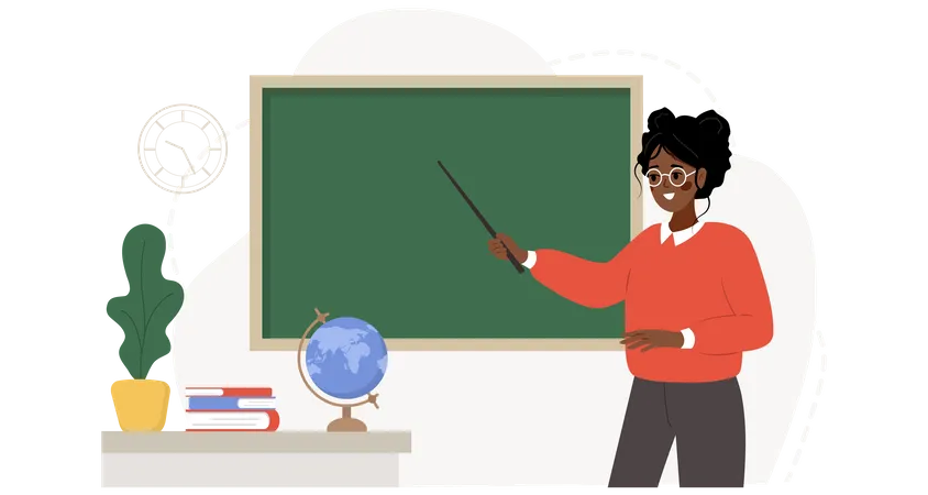 African Female Teacher In Classroom Pedagogue With Pointer At Chalkboard School And College Concept Vector Illustration In Flat Cartoon Style Illustration
