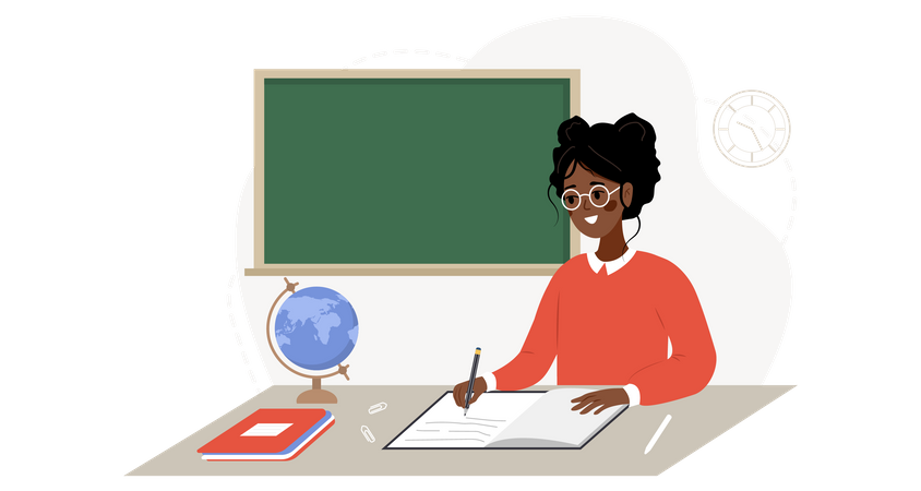 African female teacher sitting at table and checking homework  Illustration