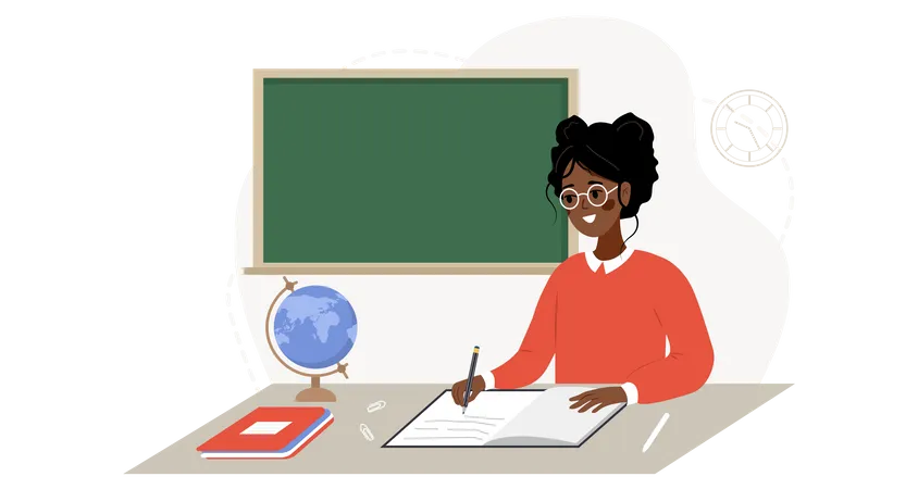 African Female Teacher In Classroom Pedagogue Sitting At Table And Checking Homework School And College Concept Vector Illustration In Flat Cartoon Style イラスト