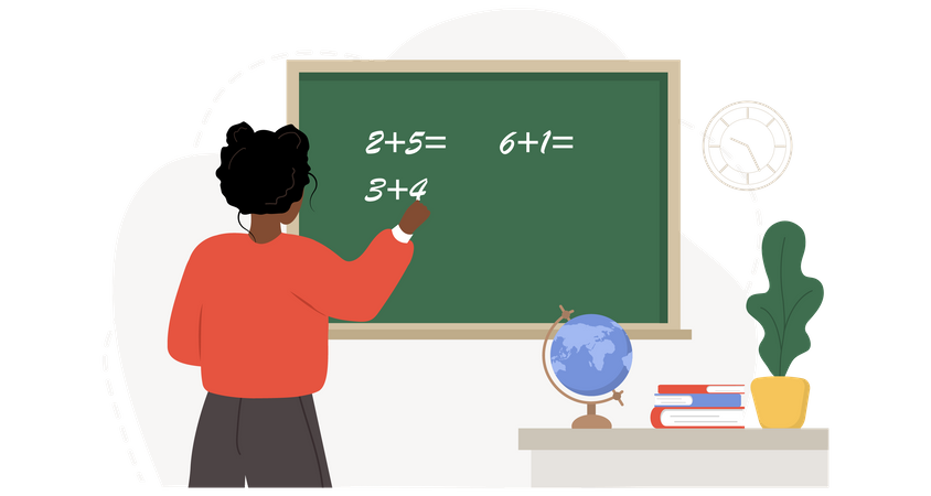 African female teacher teaching math in classroom  Illustration