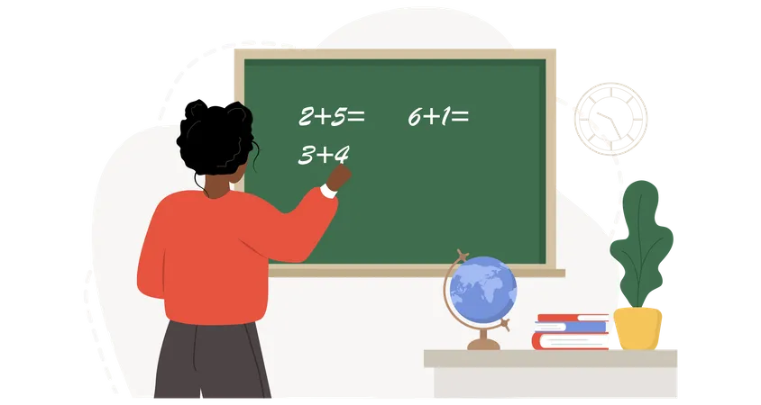 African Female Teacher In Classroom Pedagogue Writes On Chalkboard School And College Concept Vector Illustration In Flat Cartoon Style Illustration