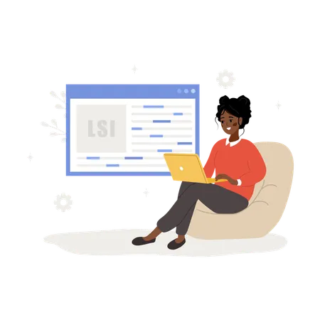 African female with laptop and word search optimization  Illustration