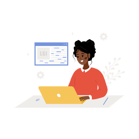 African female with laptop and word search optimization  Illustration