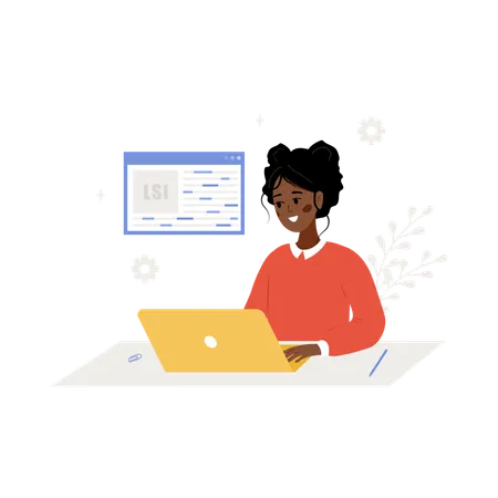 African female with laptop and word search optimization  Illustration