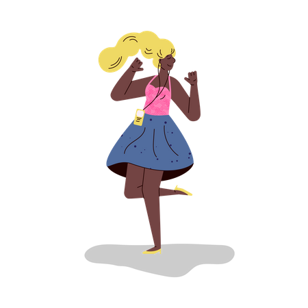 African girl dancing and listening to music on headphones Illustration