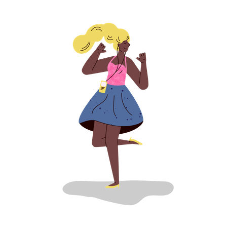 African girl dancing and listening to music on headphones  Illustration