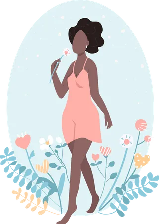 African Happy Girl Flat Color Vector Faceless Character Woman With Flower Positive Attitude Beauty And Self Acceptance Self Love Isolated Cartoon Illustration For Web Graphic Design And Animation Illustration