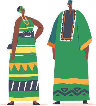 African Man and Woman Wear Tribal Clothes Illustration