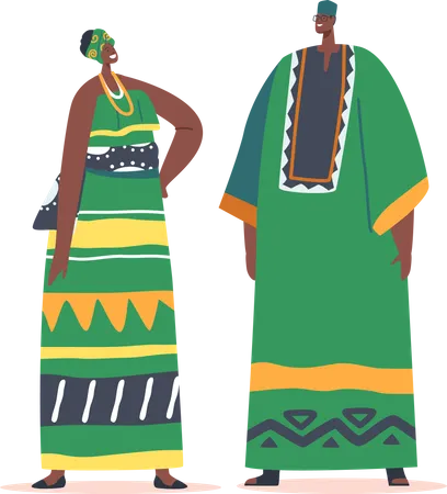 African Man and Woman Wear Tribal Clothes Illustration