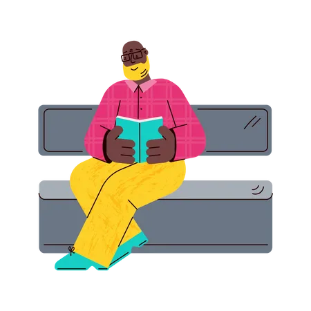 African man sitting and reading a book on subway seat or metal bench Illustration