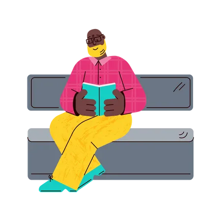 African man sitting and reading a book on subway seat or metal bench  Illustration