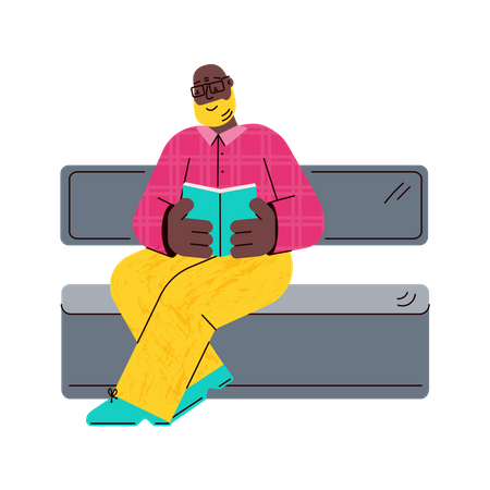 African man sitting and reading a book on subway seat or metal bench  Illustration