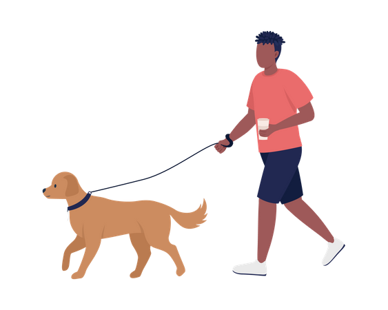 African Man Walking With Dog  Illustration