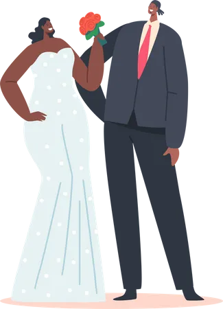 African Couple Marriage Celebration Happy Black Groom And Bride Characters Wedding Ceremony Newlywed Man And Woman Wear Festive Clothes Happily Smiling Cartoon People Vector Illustration Illustration