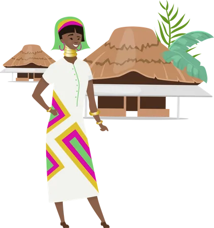 African Native Flat Color Vector Illustration Nigerian Female In Ethnic Clothes And Jewelry Aborigen With Tribal Homes Woman Of Color Isolated Cartoon Character On White Background Illustration
