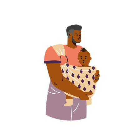 African parent man walking with infant in baby carrier wrap  Illustration