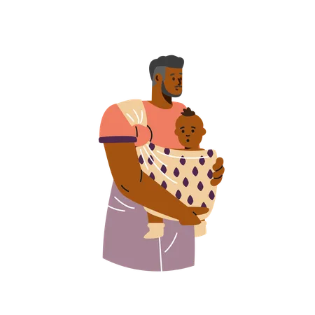 African parent man walking with infant in baby carrier wrap  Illustration