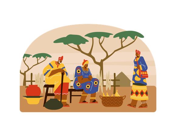 African people selling bananas and vases scene  Illustration
