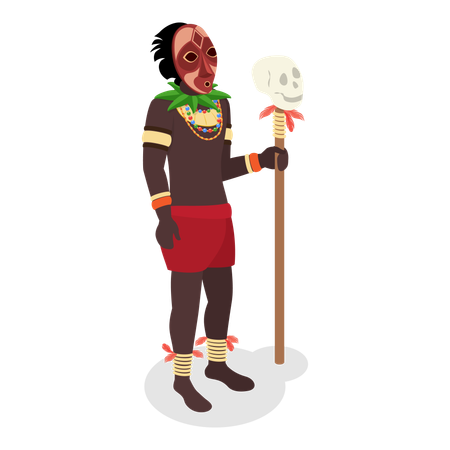 African Shaman holding skull stick  Illustration
