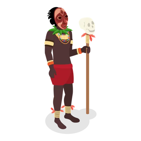 African Shaman holding skull stick  Illustration