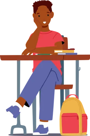 African Pupil Kid Character Learning In Class Student Sitting At Desk Listening Lecture On Lesson In School Child Primary Education Isolated On White Background Cartoon People Vector Illustration イラスト