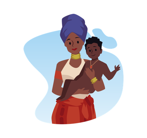 African tribal black woman with baby motherhood babysitting in a childcare tribe  Illustration