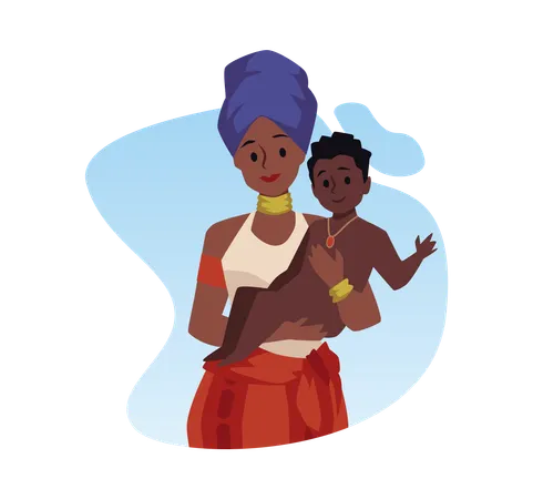 African tribal black woman with baby motherhood babysitting in a childcare tribe  Illustration