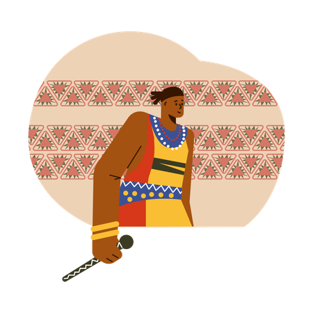 African tribal man in traditional costume with microphone in hand  Illustration