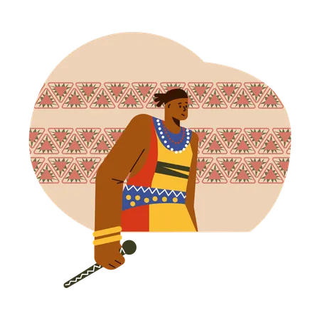 African tribal man in traditional costume with microphone in hand  Illustration