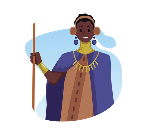 African tribal woman with long beads around her neck long dress and cape with traditional jewelry stick  Illustration