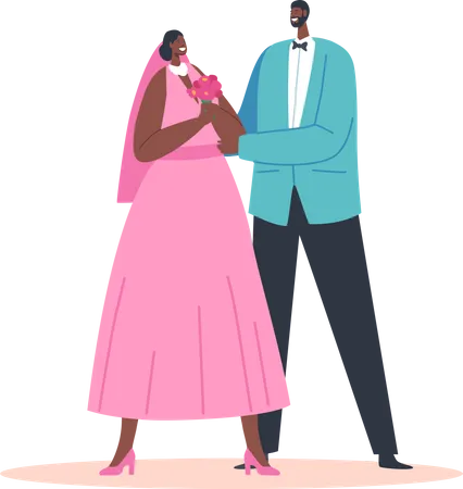 Newlywed African Man And Woman Wear Pink Dress And Blue Blazer Celebrate Wedding Ceremony Black Groom And Bride Couple Characters Marriage Celebration Love Cartoon People Vector Illustration Illustration