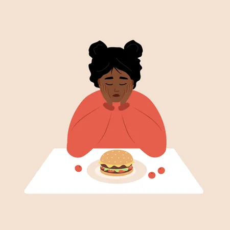 African woman feeling guilty to eat burger Illustration