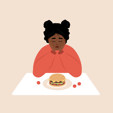 African woman feeling guilty to eat burger  Illustration