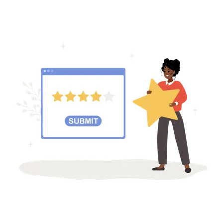 Customer Review Concept African Woman Holding Star And Giving Five Stars Rating Dialog Window In Application With Feedback Positive Response Vector Illustration In Flat Cartoon Style Illustration